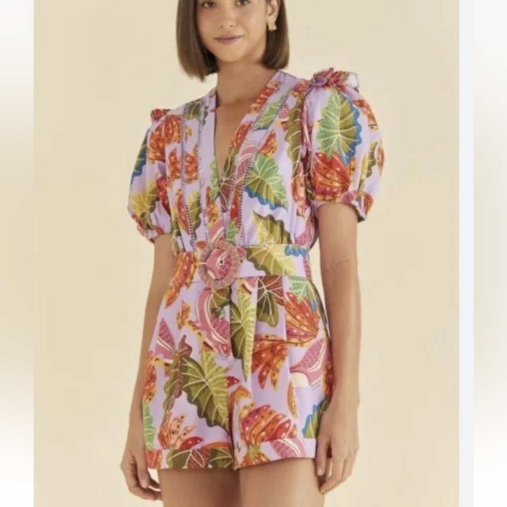 NWT FARM RIO Lilac Beaks and Bananas Romper Small S Beaded Belt Mini